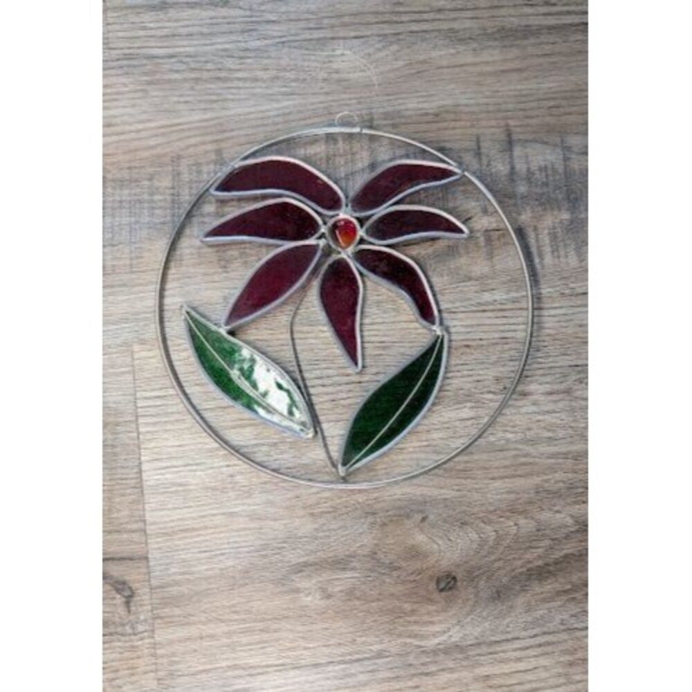 Stained Glass Floral Flower Suncatcher, Red Green Orange Metal Frame READ